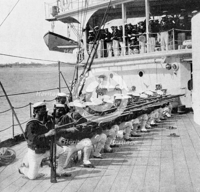 Japanese marines drilling on board the warship 'Mikasa', Russo-Japanese War, 1904-5. Artist: Unknown