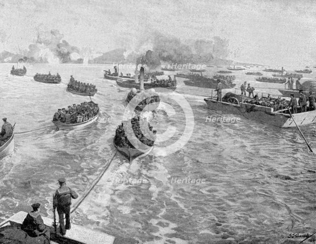 Japanese naval brigade landing under fire at Pitsewo, Russo-Japanese War, 1904-5. Artist: Unknown