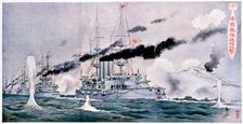 Japanese naval squadron steaming to bombard Port Arthur, Russo-Japanese War 1904-1905