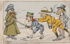 Japanese soldier challenging Russian soldier, urged on by an Englishman and Uncle Sam
