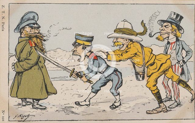 Japanese soldier challenging Russian soldier, urged on by an Englishman and Uncle Sam.