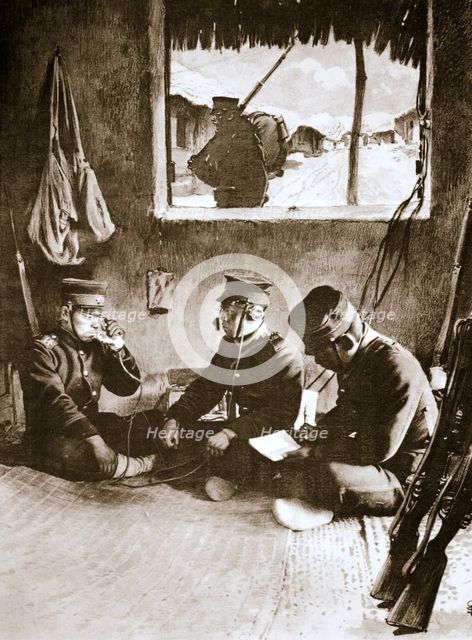 Japanese soldier making a telephone call, Russo-Japanese War, c1904-c1905. Artist: Unknown