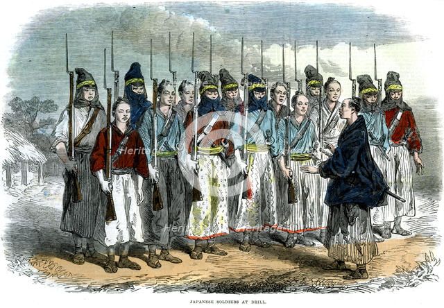 'Japanese soldiers at drill', 1864. Artist: Unknown