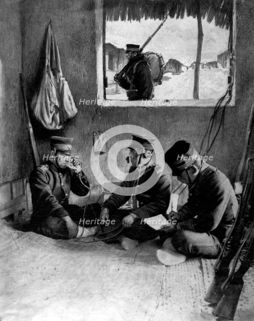 Japanese soldiers using a field telephone to call for reinforcements, Korea. Creator: Unknown.