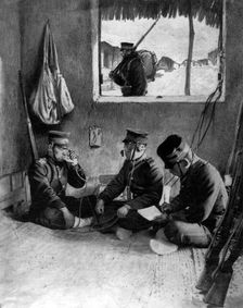 Japanese soldiers using a field telephone to call for reinforcements, Korea