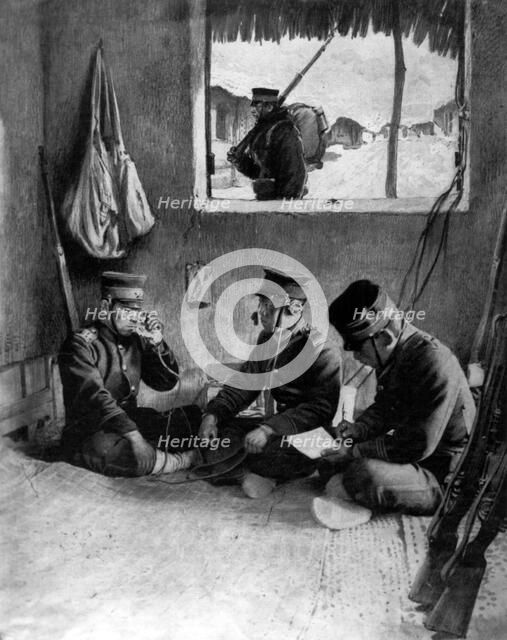 Japanese soldiers using a field telephone to call for reinforcements, Korea. Artist: Unknown