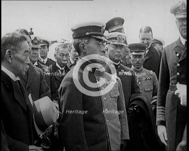 Japanese Prince Regent Hirohito Standing With Japanese Dignitaries on a State Visit to the..., 1921. Creator: British Pathe Ltd.