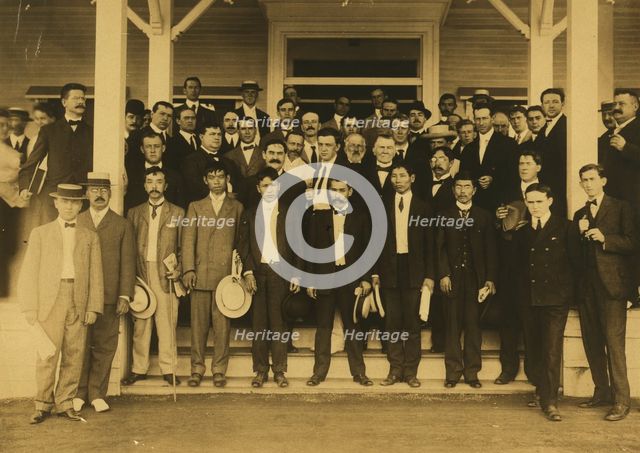 Japanese, Russian, French, German, American and English newspaper correspondents at Portsmouth, 1905 Creator: Unknown.