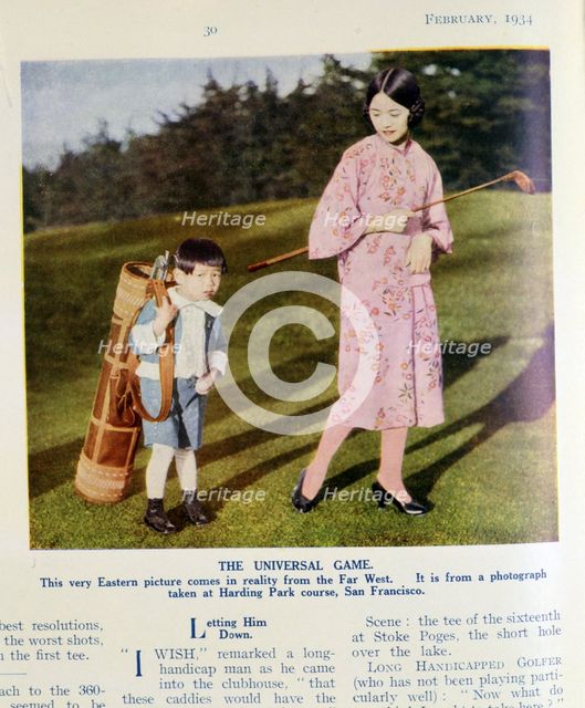Japanese woman and son playing golf, American, February 1934. Creator: Unknown.