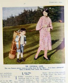 Japanese woman and son playing golf, American, February 1934. Creator: Unknown
