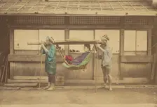 Japanese woman being carried by two Japanese men in a kago, 1868-1880. Creator: Felice Beato