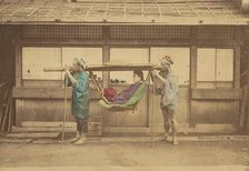 Japanese woman being carried by two Japanese men in a kago, 1868-1880. Creator: Felice Beato
