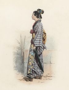 Japanese woman dressed in street clothes, color engraving 1870