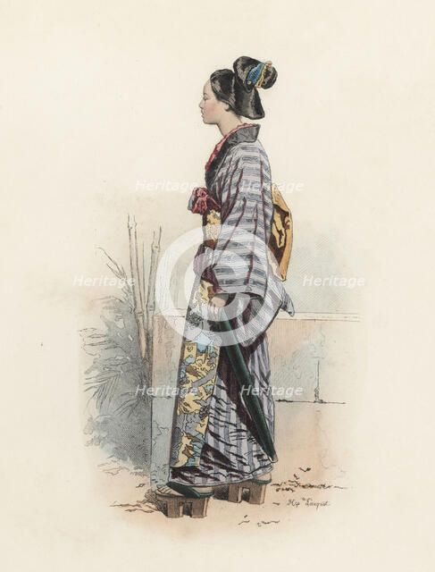 Japanese woman dressed in street clothes, color engraving 1870.