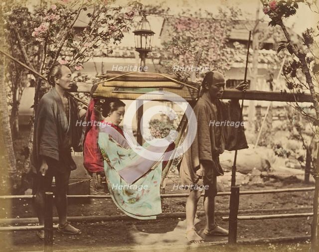 [Japanese Woman in a Chair Carried by Two Men], 1870s. Creator: Unknown.