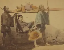 Japanese woman in a sedan, being carried by two men, 1865-1875. Creator: Unknown