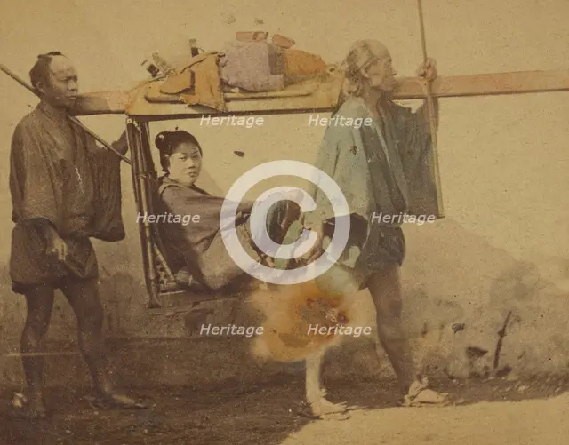 Japanese woman in a sedan, being carried by two men, 1865-1875. Creator: Unknown.