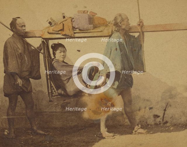 Japanese woman in a sedan, being carried by two men, 1865-1875. Creator: Unknown.