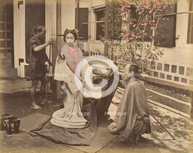 [Japanese Woman in Traditional Dress Posing with Two Men], 1870s. Creator: Unknown.