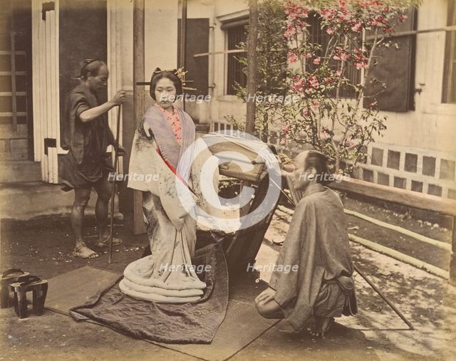[Japanese Woman in Traditional Dress Posing with Two Men], 1870s. Creator: Unknown.
