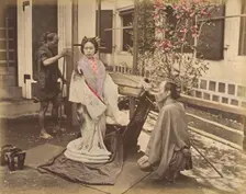 [Japanese Woman in Traditional Dress Posing with Two Men], 1870s. Creator: Unknown
