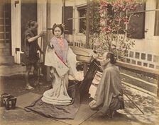 [Japanese Woman in Traditional Dress Posing with Two Men], 1870s. Creator: Unknown