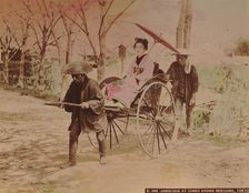 Japanese woman on a rickshaw at Avenue Mukojima, Tokyo, c. 1890. Creator: Kimbei, Kusakabe (1841-1932)