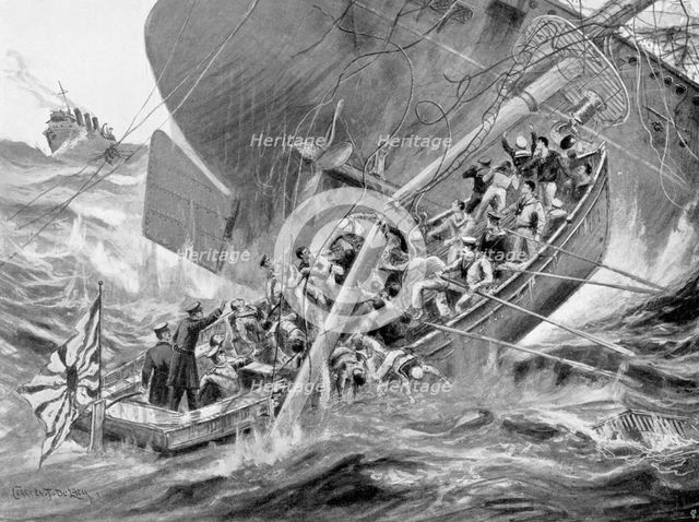 Japanese warship Hatsuse foundering, Russo-Japanese War, 1904-5. Artist: Unknown