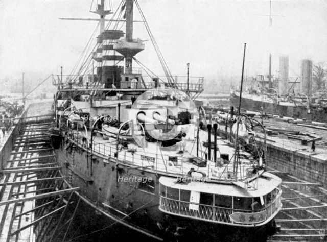 Japanese warship Mikasa at Portsmouth docks, England, 1904. Artist: Unknown