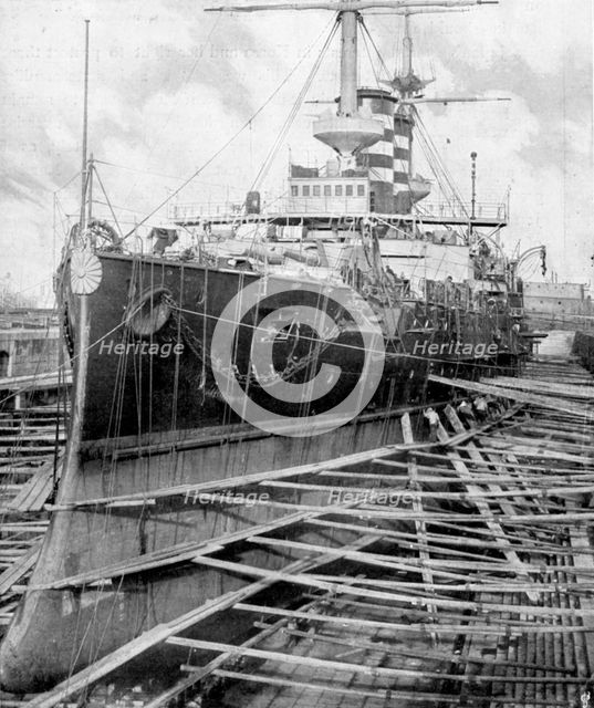 Japanese warship Mikasa at Portsmouth docks, England, 1904. Artist: Unknown
