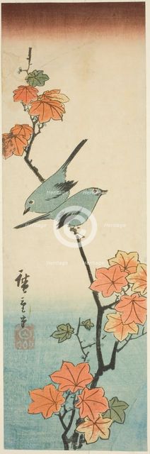 Japanese white-eyes on a maple branch, 1854. Creator: Ando Hiroshige.