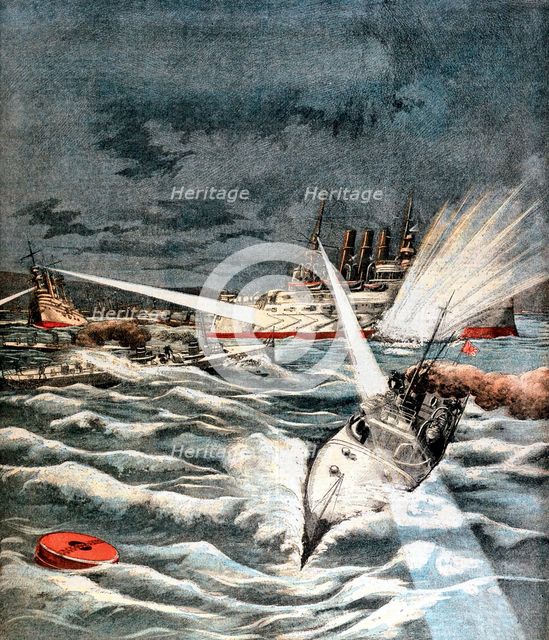 Japanese torpedo boats making surprise attack, Russo-Japanese War, 1904. Artist: Unknown