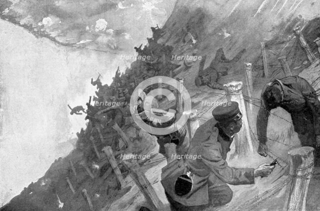 Japanese troops massacred crossing Russian barbed wire,  Russo-Japanese War, 1904-5. Artist: Unknown