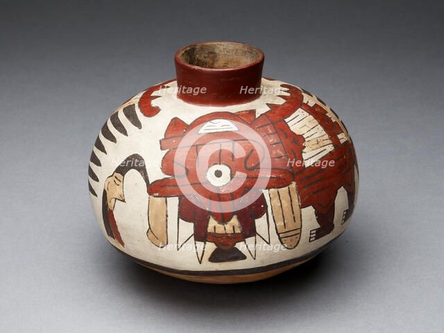 Jar Depicting a Performer Wearing Abstract Bird Costume and Holding a Trophy Head, 180 BC/AD 500. Creator: Unknown.