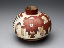 Jar Depicting a Performer Wearing Abstract Bird Costume and Holding a Trophy Head, 180 BC/AD 500. Creator: Unknown