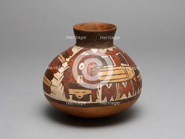 Jar Depicting Performer Wearing an Abstract Bird Costume, 180 B.C./A.D. 500. Creator: Unknown.