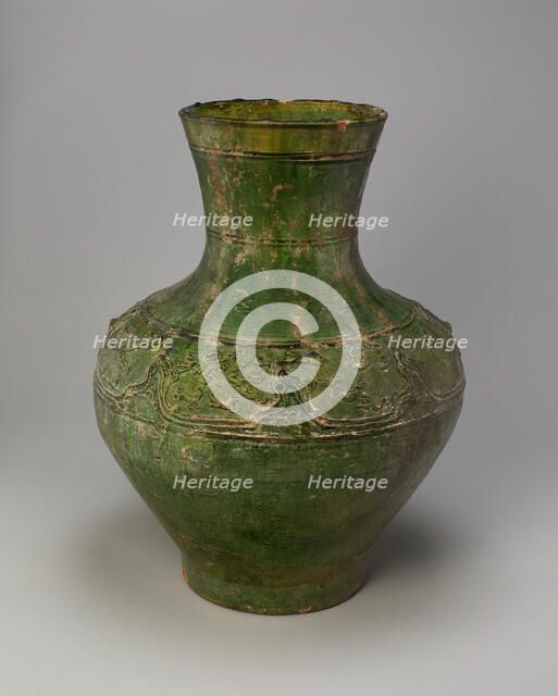 Jar (Hu) with Equestrians and Animals amid Mountains, Han dynasty (206 B.C.-A.D. 220). Creator: Unknown.