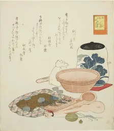 Jar, scales and bowl, no. 6 from the series "The Rabbit's Boastful Exploits (Usagi..., 1819. Creator: Shinsai