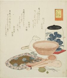 Jar, scales and bowl, no. 6 from the series "The Rabbit's Boastful Exploits (Usagi..., 1819. Creator: Shinsai