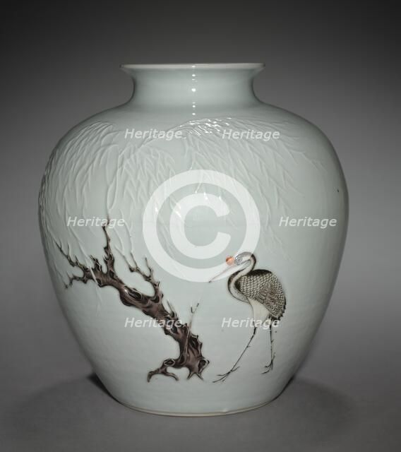 Jar with Crane and Willow in Relief, 18th Century. Creator: Unknown.