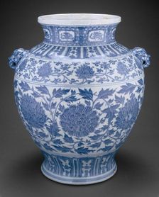 Jar with Lotus and Peony Scrolls and Lion-Mask Handles, Ming dynasty, inscription dated 1437. Creator: Unknown