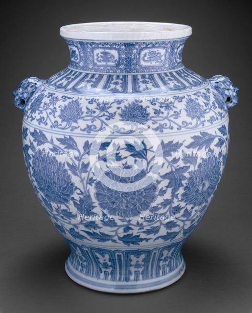 Jar with Lotus and Peony Scrolls and Lion-Mask Handles, Ming dynasty, inscription dated 1437. Creator: Unknown.