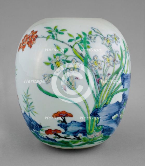 Jar with Narcissus, Nandina Berries, Lingzhi Mushrooms..., Qing dynasty, Yongzheng reign(1723-1735). Creator: Unknown.