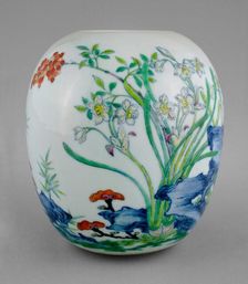 Jar with Narcissus, Nandina Berries, Lingzhi Mushrooms..., Qing dynasty, Yongzheng reign(1723-1735). Creator: Unknown