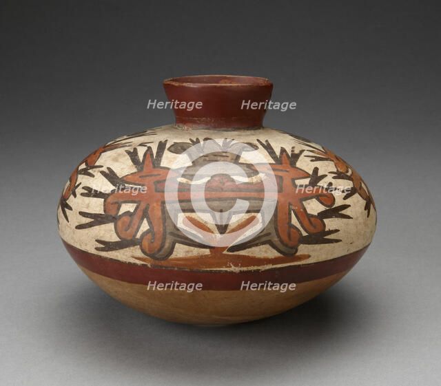 Jar with Small Neck Depicting Abstract Face of Masked Figure, 180 B.C./A.D. 500. Creator: Unknown.