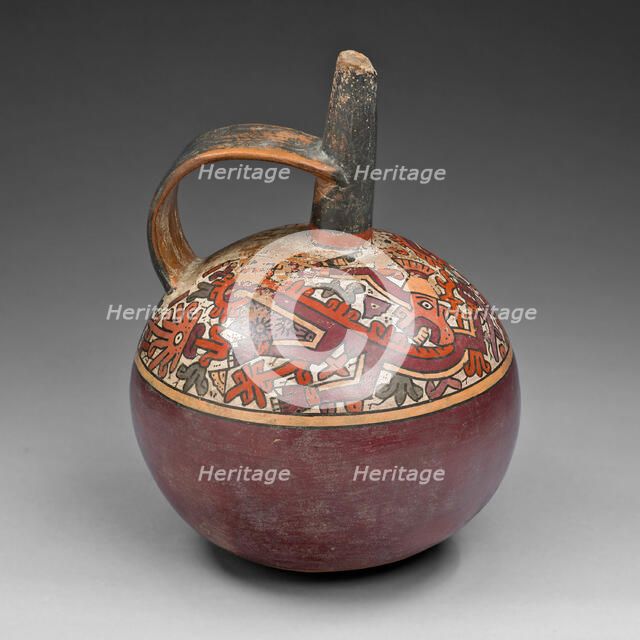 Jar with Strap Handle Depicting Abstract Figure, Possibly a Monkey, with Plants, A.D. 600/1000. Creator: Unknown.