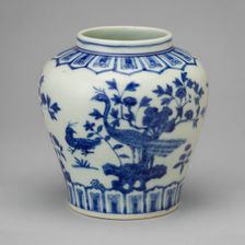 Jar with Peacocks, Garden Rock, and Foliage, Ming dynasty, mark and period of Jiajing (1522-66). Creator: Unknown