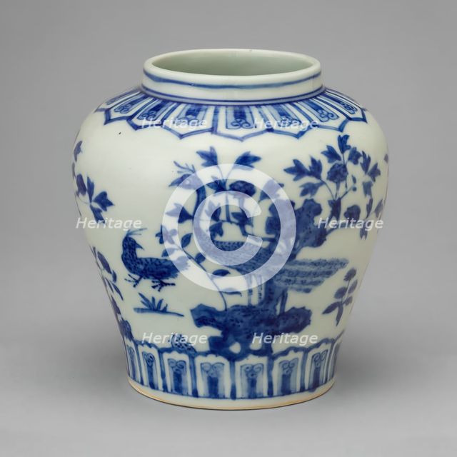 Jar with Peacocks, Garden Rock, and Foliage, Ming dynasty, mark and period of Jiajing (1522-66). Creator: Unknown.