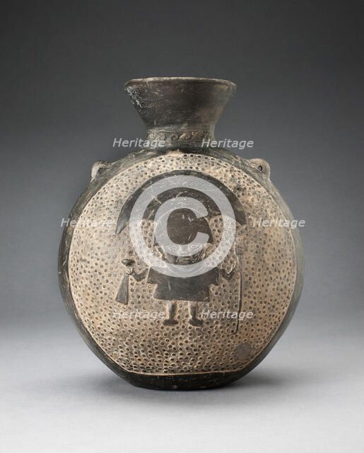 Jar with Relief of Standing Figure with Crescent Headdress, Holding Ritual Objects, A.D. 1200/1450. Creator: Unknown.