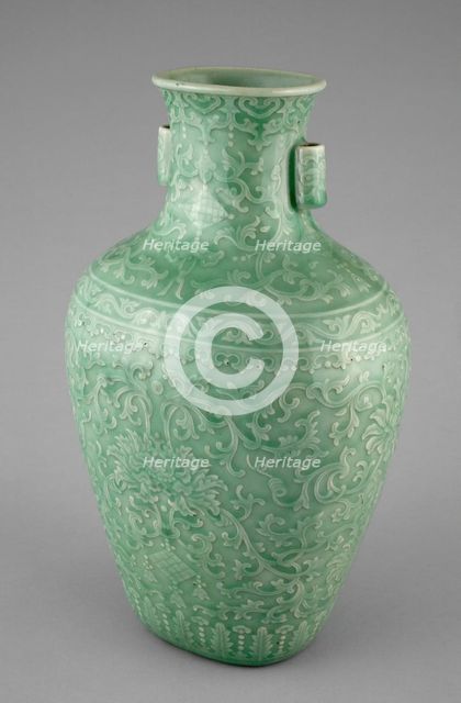 Jar with Tubular Handles, Peonies, 'Endless Knot,' Pendant Balls, and Pendant Lozenges, (1736-1795). Creator: Unknown.